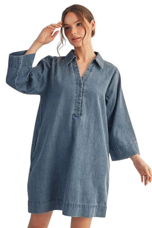 Collared 3/4 Sleeve Denim Shift
