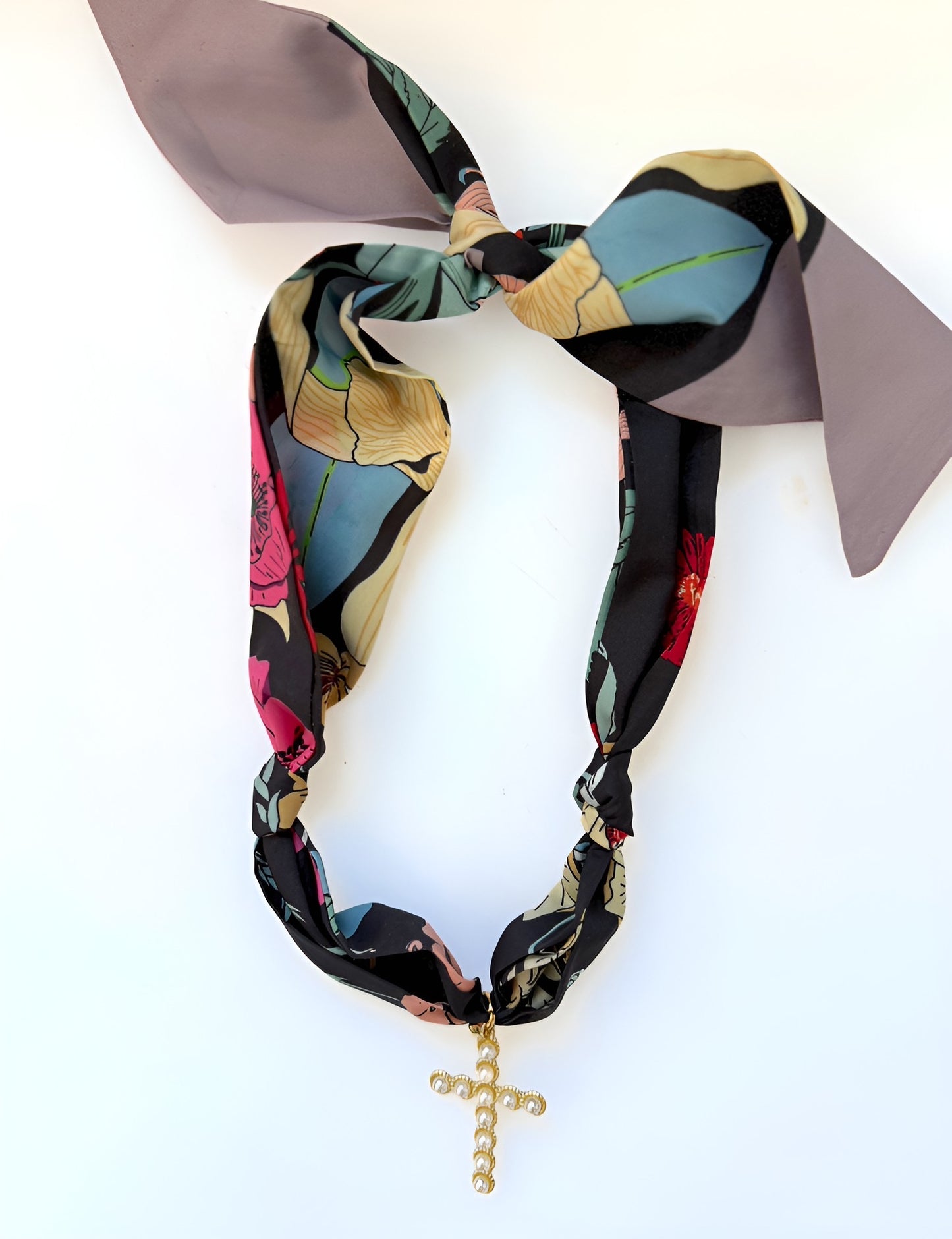 Floral Scarf Necklace w/ Gold & Pearl Cross