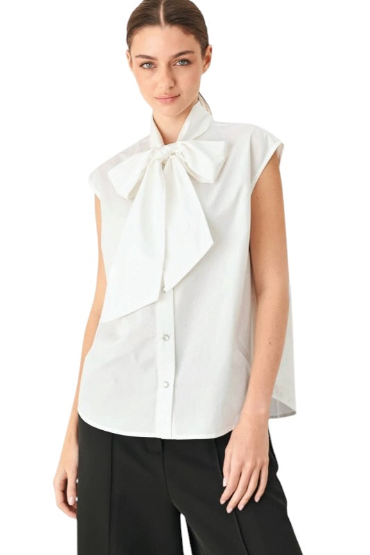 Tie Neck Sleevless Poplin Top