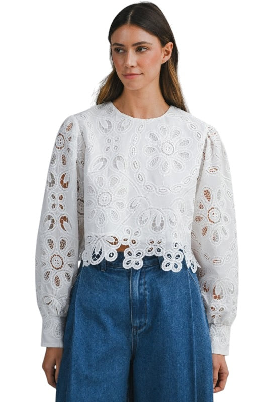 Floral Eyelet Scallop Hem Blouse
