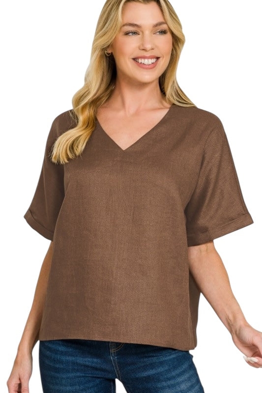 Linen V Neck Top- 4 Colors