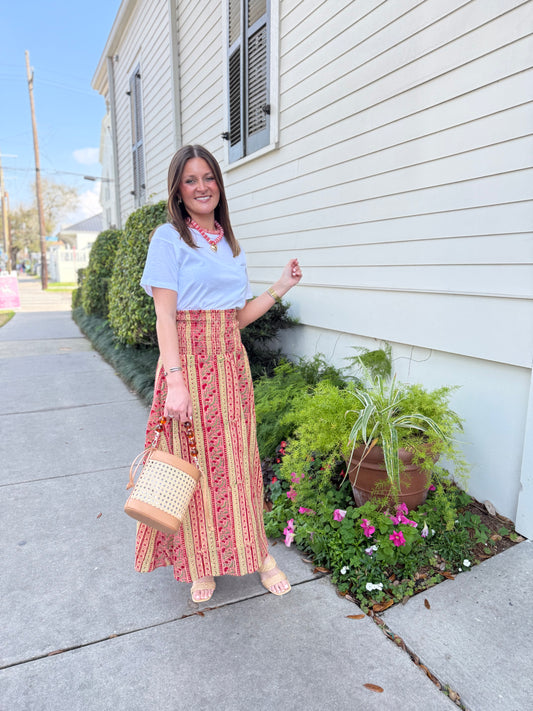 Ellen Smocked Midi Skirt in Red Floral Stripes
