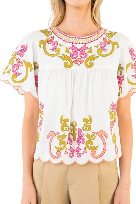 Scallop Embroidery Top- 2 Colors