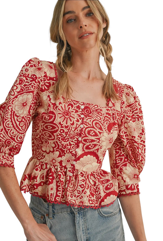 Berry Mixed Pattern Peplum Top
