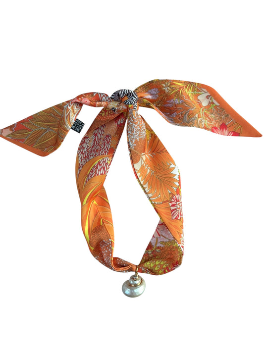 Orange Safari Scarf Necklace W/ Shell Pendant