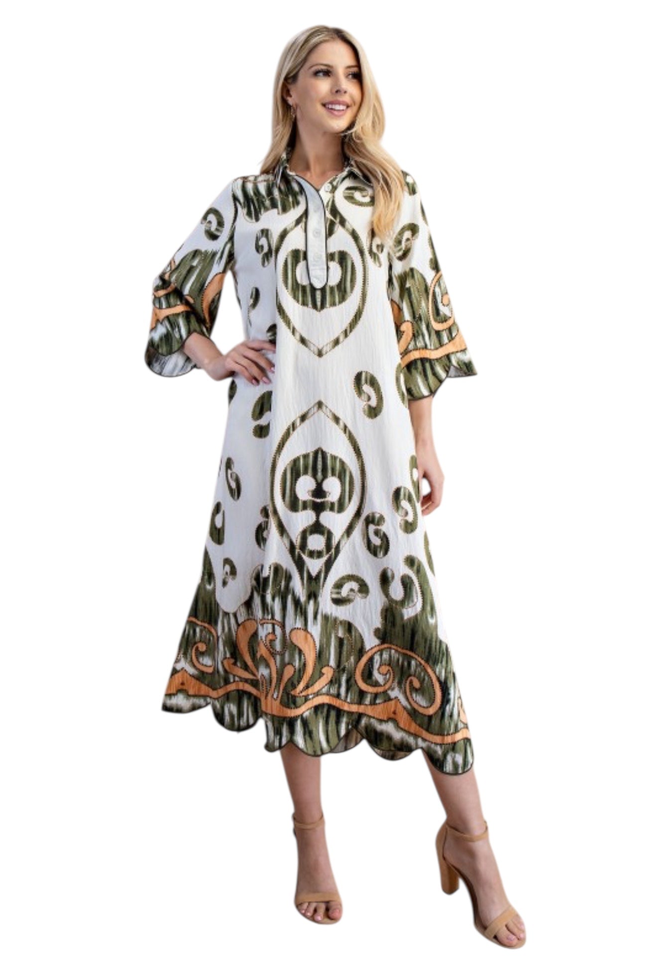 Olive Scallop Hem Shirt Dress