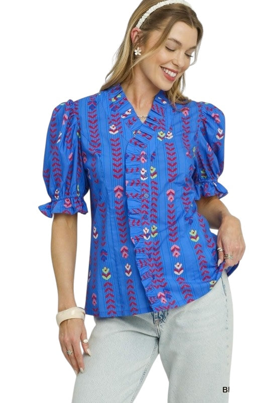 Ruffle Front Floral Top- 3 Colors