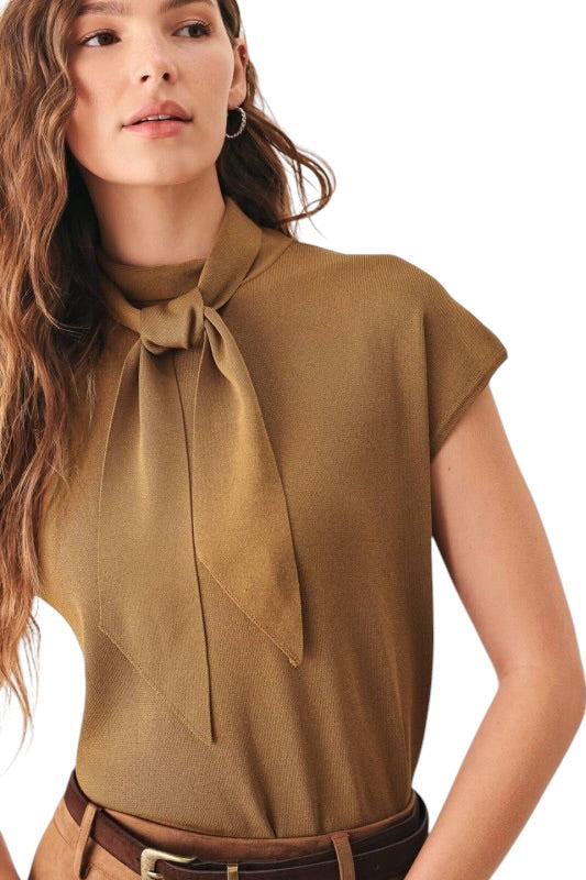Tie Neck Knit Top in Camel