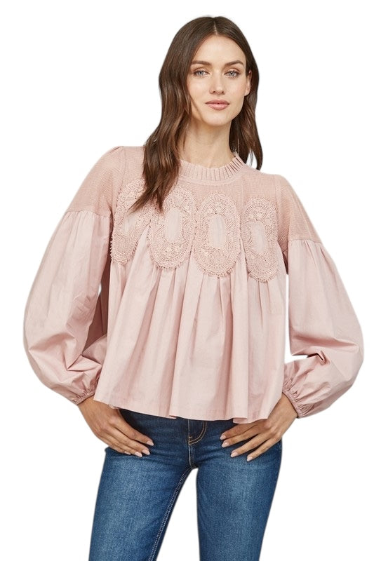 Poplin & Lace Top in Mauve