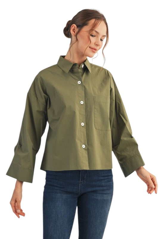 Olive Roll Sleeve Blouse