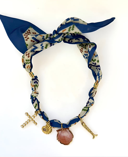 Navy Quilt Scarf Necklace w/ 4 Charms & Turquoise Spacers