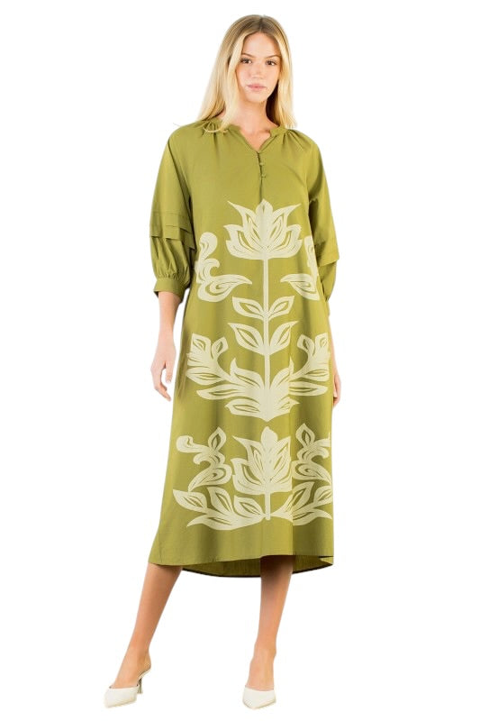 Olive Botanical Shirt Dress