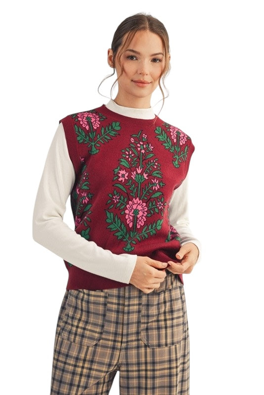 Floral Sweater Vest in Wine