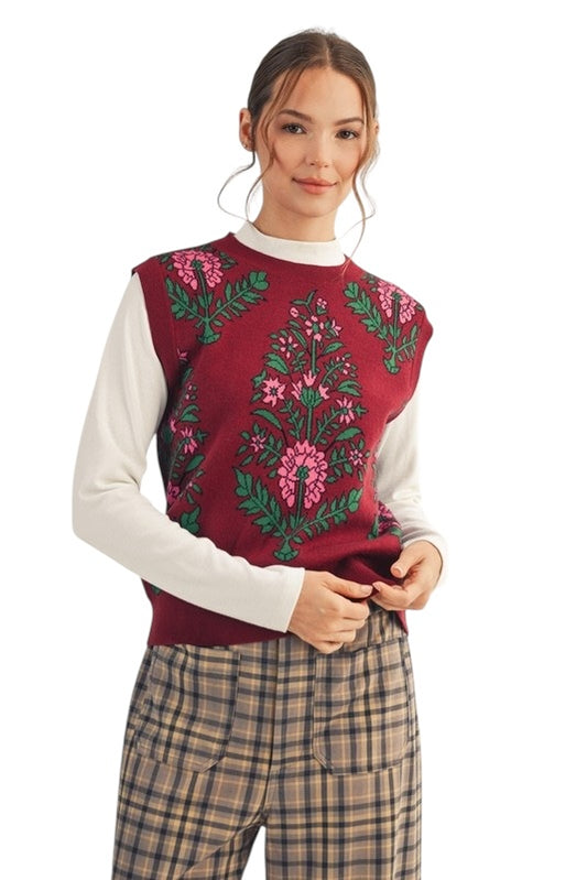 Floral Sweater Vest in Wine
