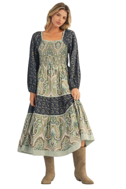 Mixed Green Damask Smocked Midi