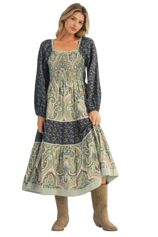 Mixed Green Damask Smocked Midi