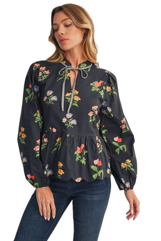 Black Floral Peplum Top