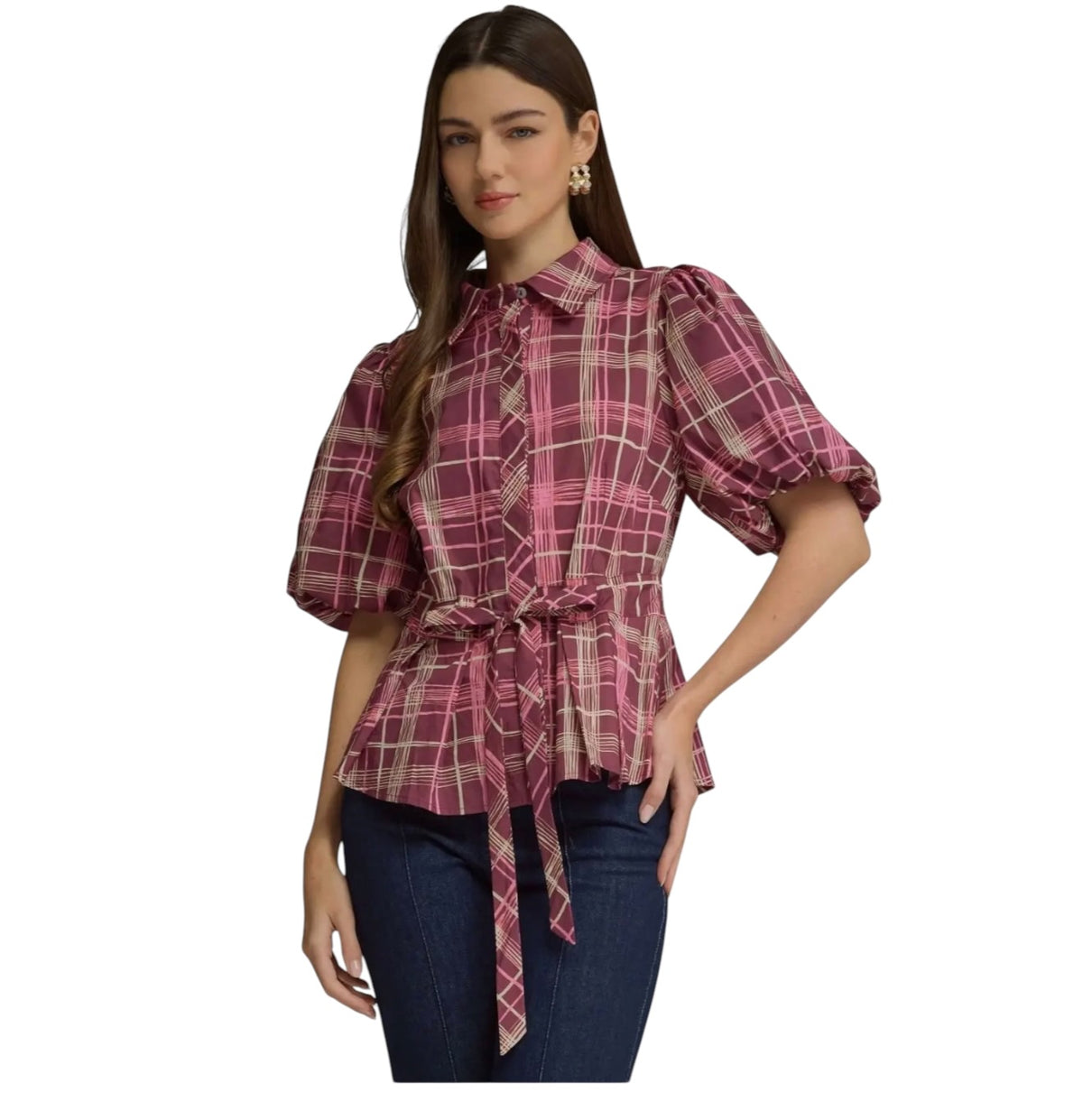 Plum Plaid Tie Waist Top