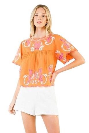 Embroidered Scallop Hem Top in Orange