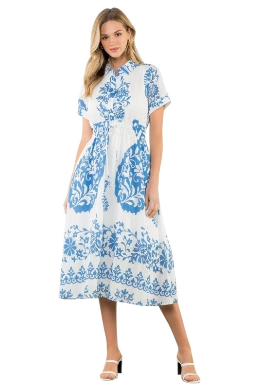 Blue Paisley Drawstring Shirt Dress