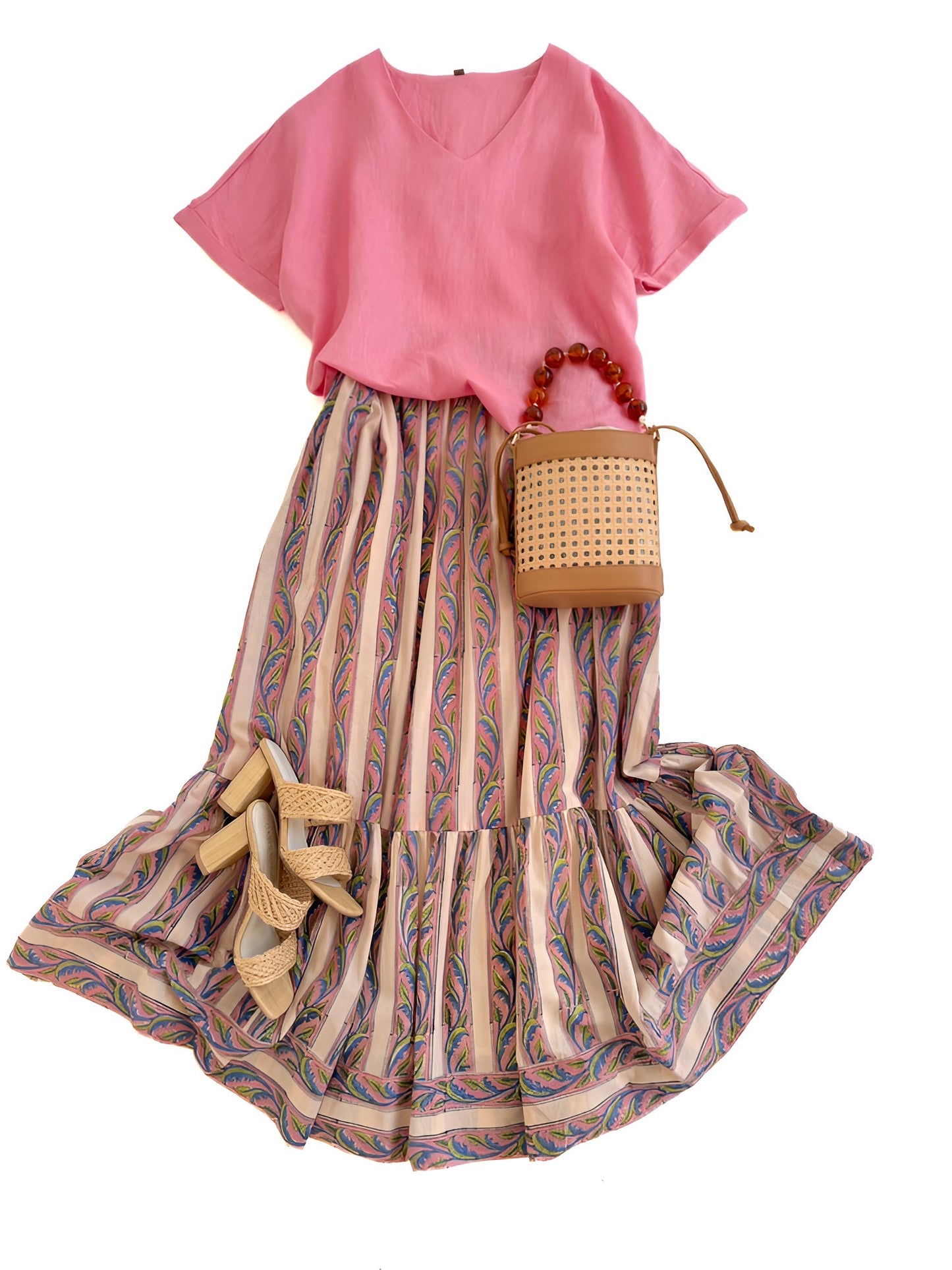 Uptown Maxi Skirt in Peach & Pink Acanthus Stripe
