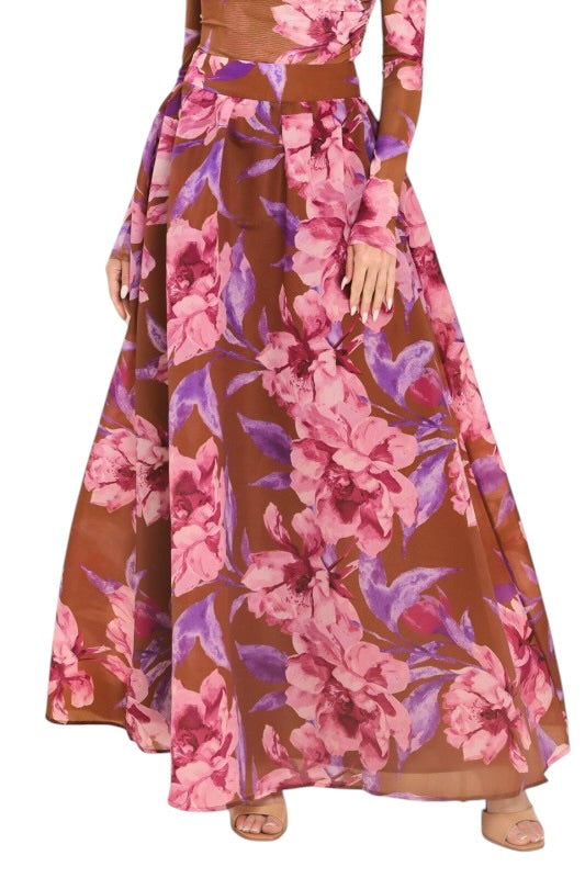 Brown & Pink Floral Maxi Skirt