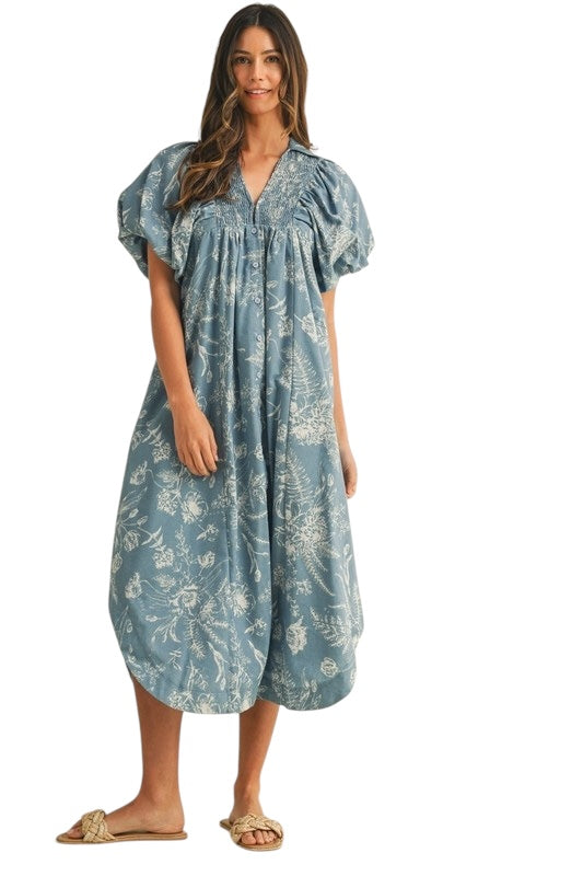 Smocked Detail Midi in Chambray