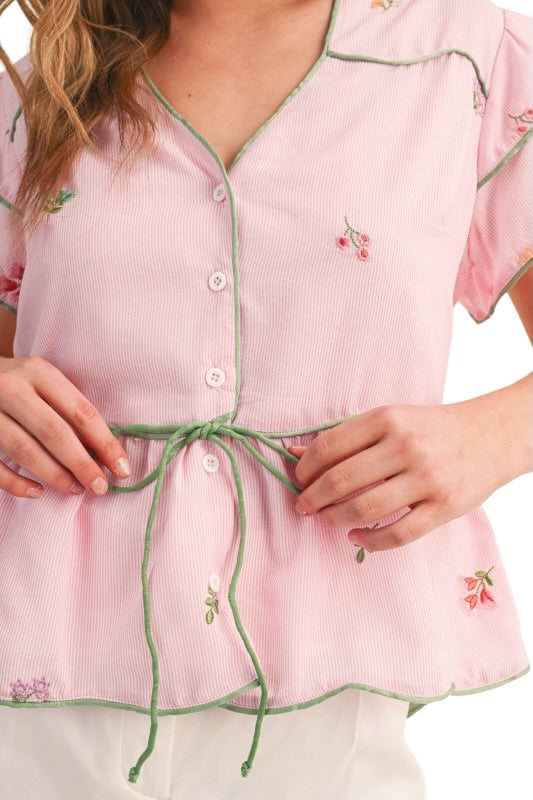 Pink Stripes Embroidery Top