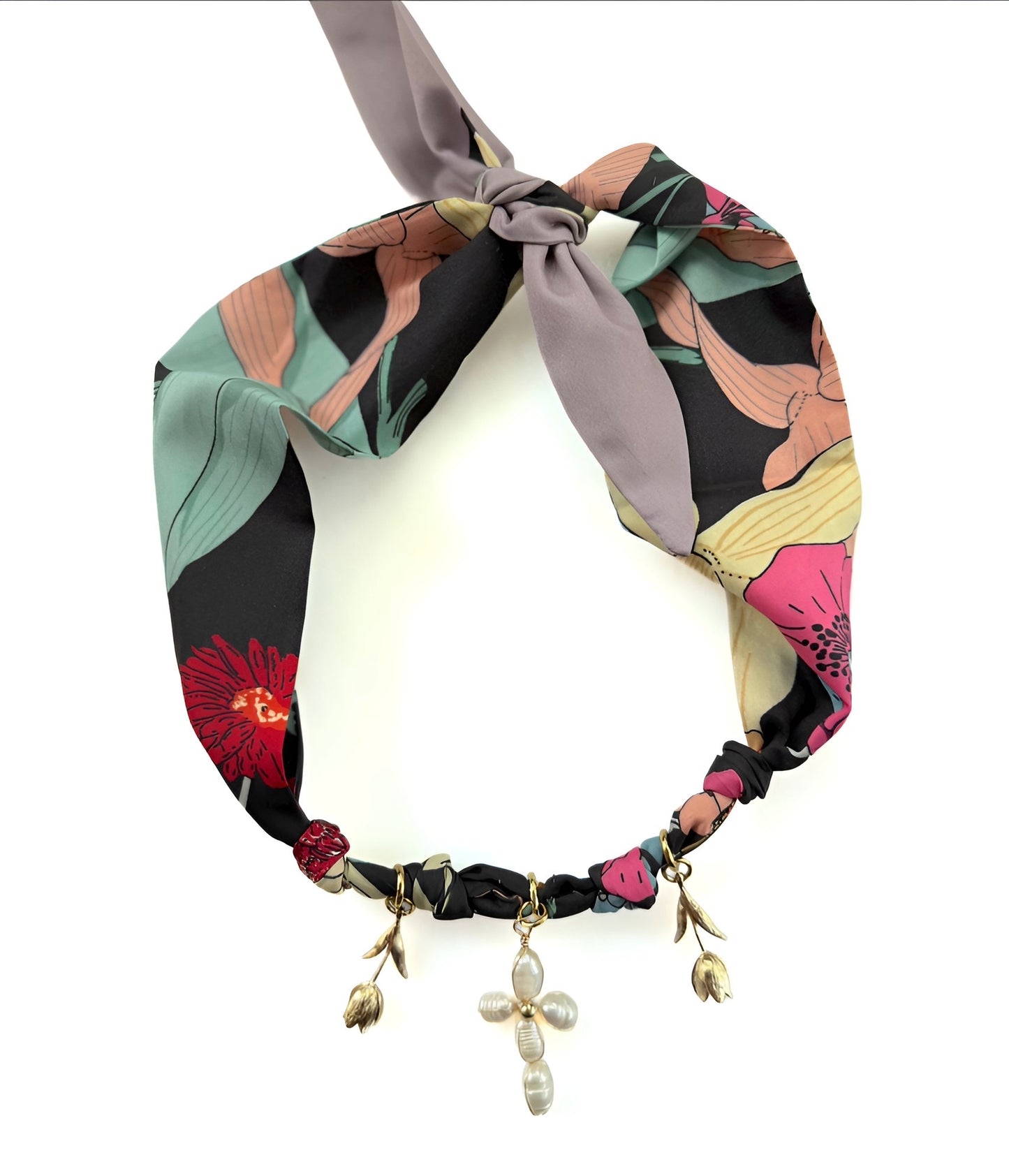Floral Scarf Necklace w/ Pearl Cross and Gold Tulips