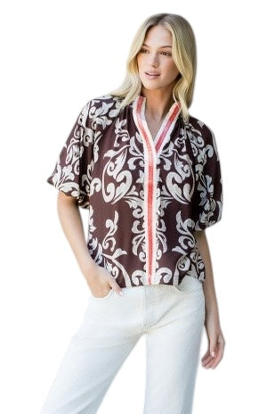 Chocolate Damask Center Band Top