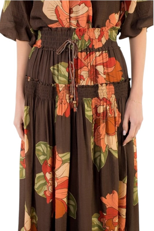 Chocolate & Orange Florals Midi Skirt