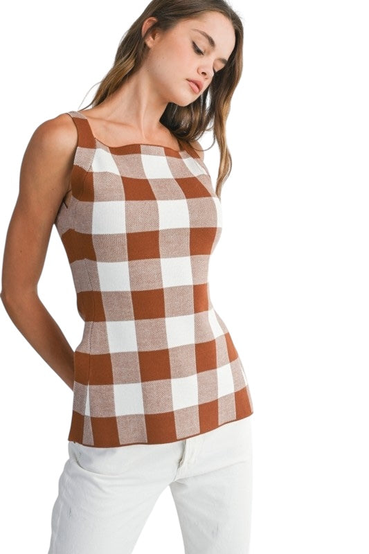 Gingham Knit Top in Brown