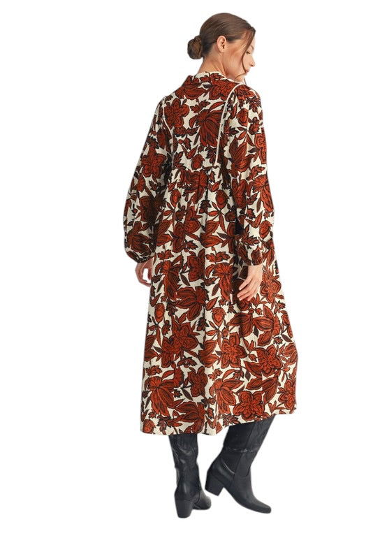 Smocked Chest Long Sleeve Midi in Chocolate Florals