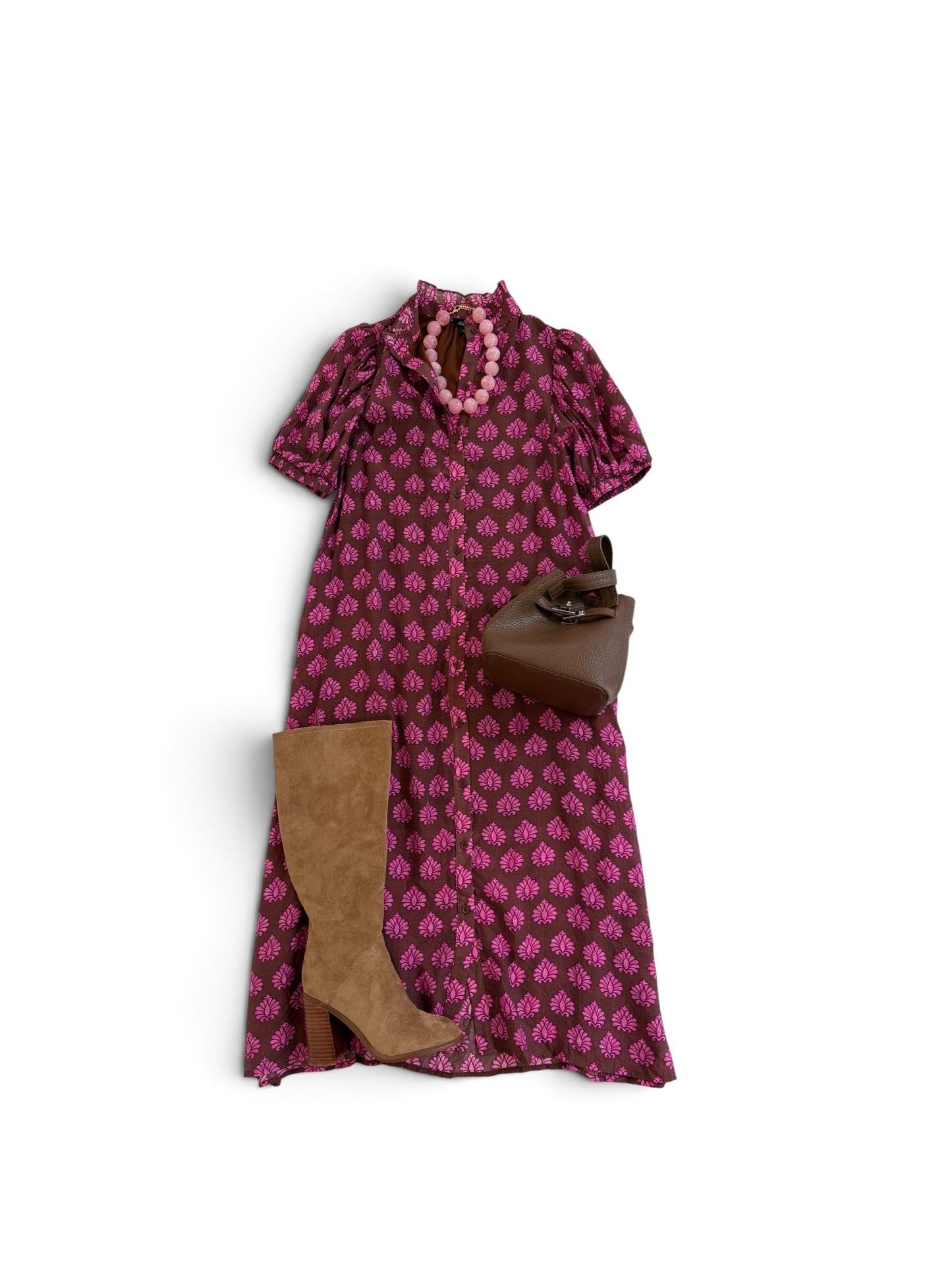 Ruffle Neckline Shirt Dress in Chocolate & Pink