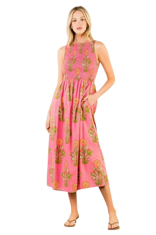 Smocked Coral Pink Marigold Midi