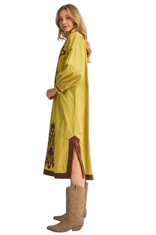 Chartreuse & Brown Appliqué Midi