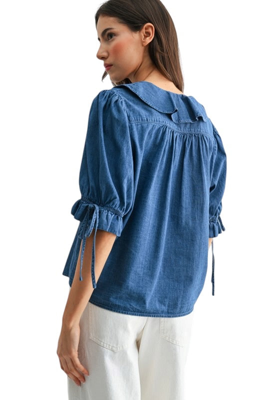 Ruffle Front Denim Top