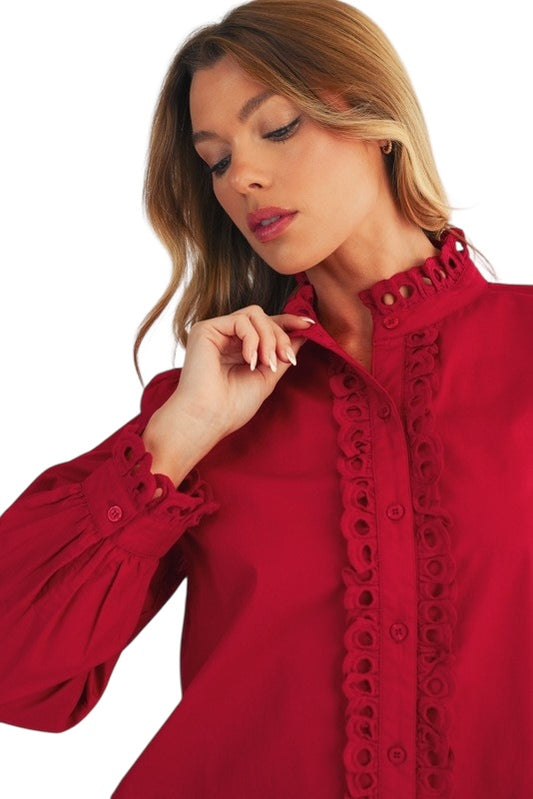 Eyelet Center Band Blouse in Wine