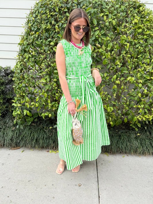 Green Stripe Smocked Midi