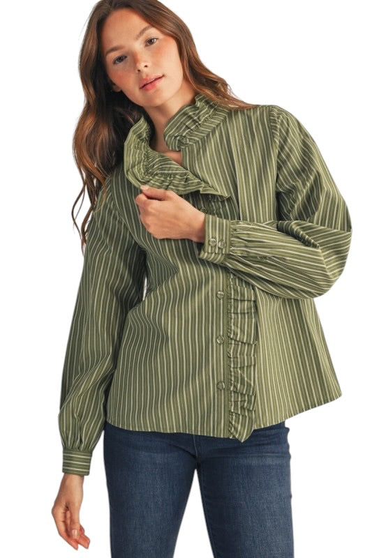 Ruffle Blouse in Kale Stripe