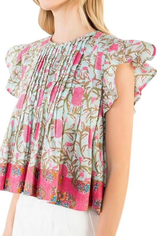 Mint Floral Pintuck Top w/ Boarder
