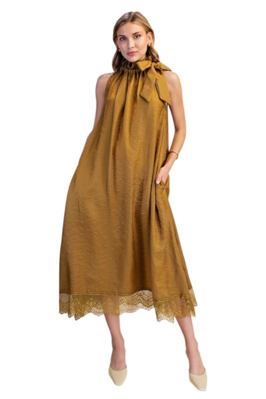 Lace & Satin Tie Neck Midi- 2 Colors