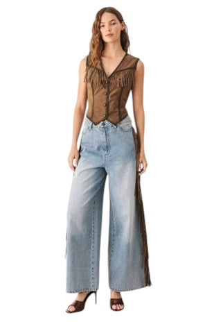 Suede Fringe Wide Leg Denim