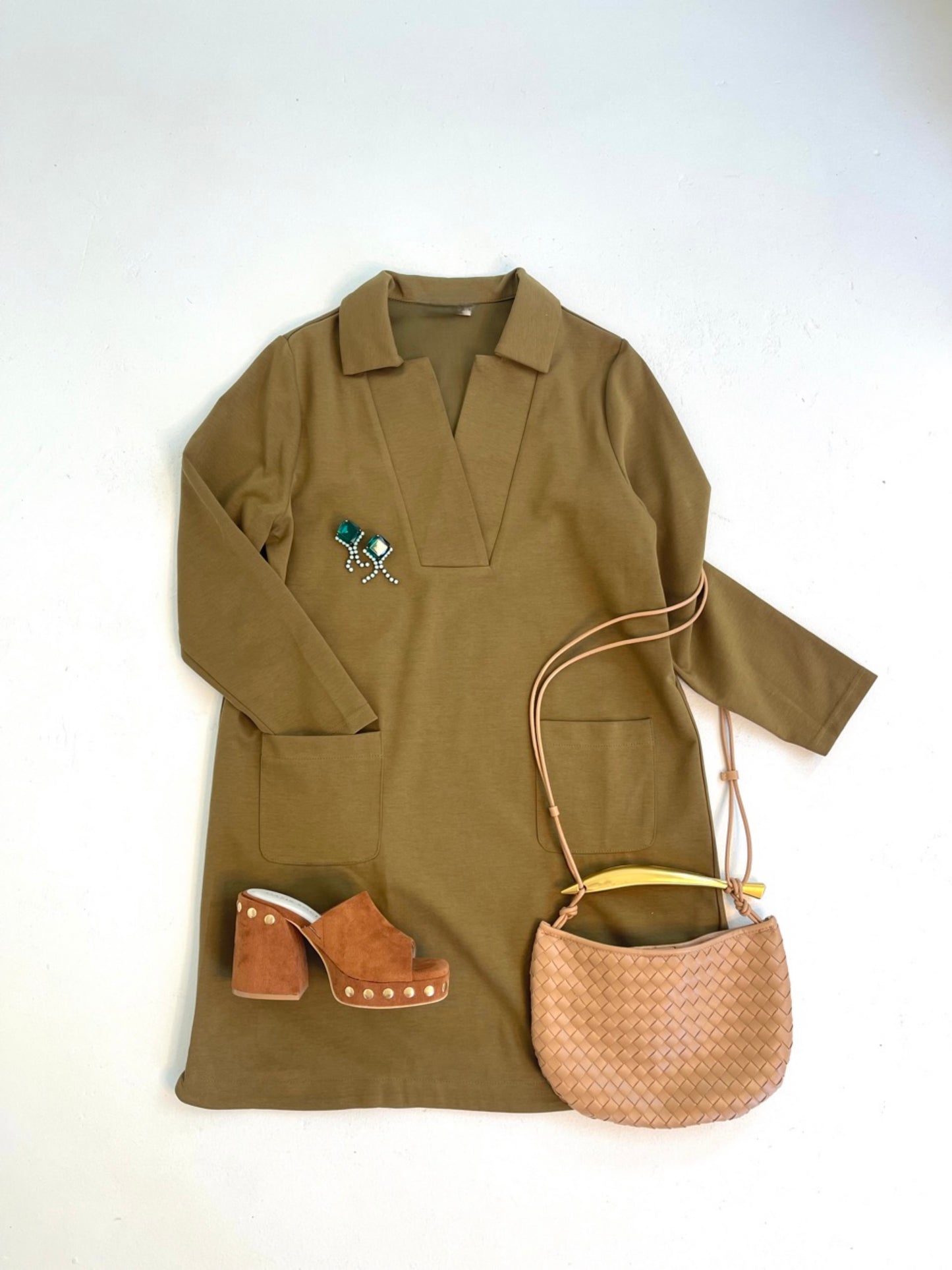 V Neck Collared Dress in Olive