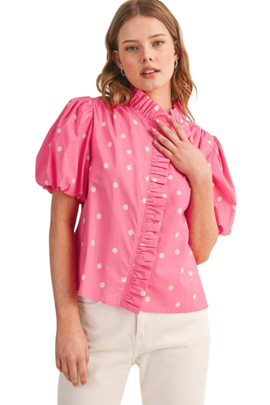 Ruffle Front Blouse in Pink Polka Dots