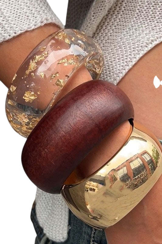 Wide Resin-Wood-Gold Plated Bangles