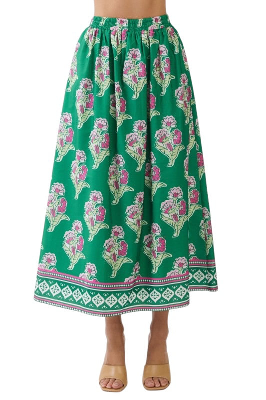 Green & Pink Floral Midi Skirt