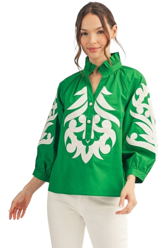 Appliqué Poplin Top in Kelly