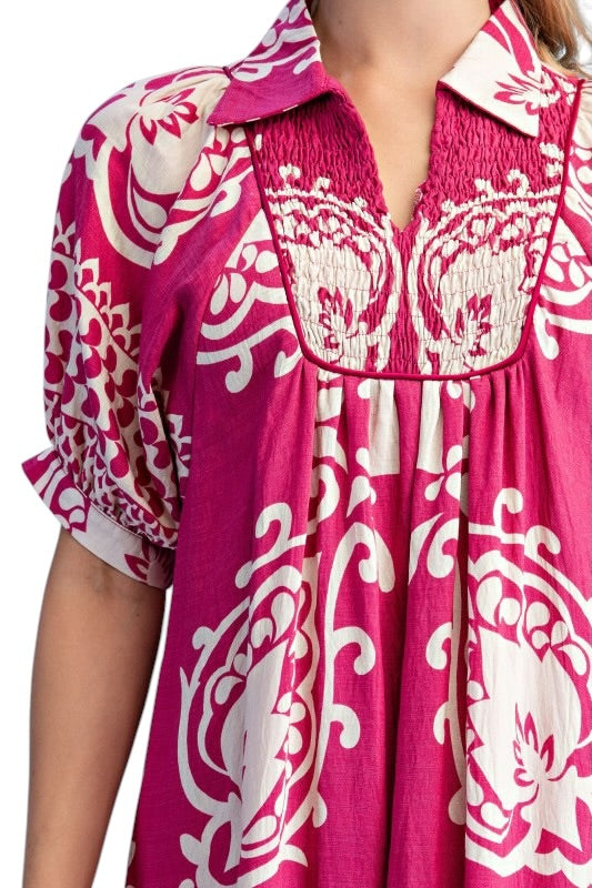 Smocked Collared Medallion Midi- 2 Colors