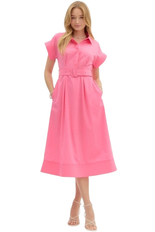 Stitched Collared Shirt Dress in Pink